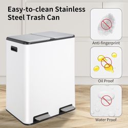 16 Gal Dual Kitchen Trash Can, Stainless Steel Garbage Bin, Recycle Waste Dustbin, w/2 Built-in Box for Odor Control, Soft-Close Lid,2 Buckets, Foot P