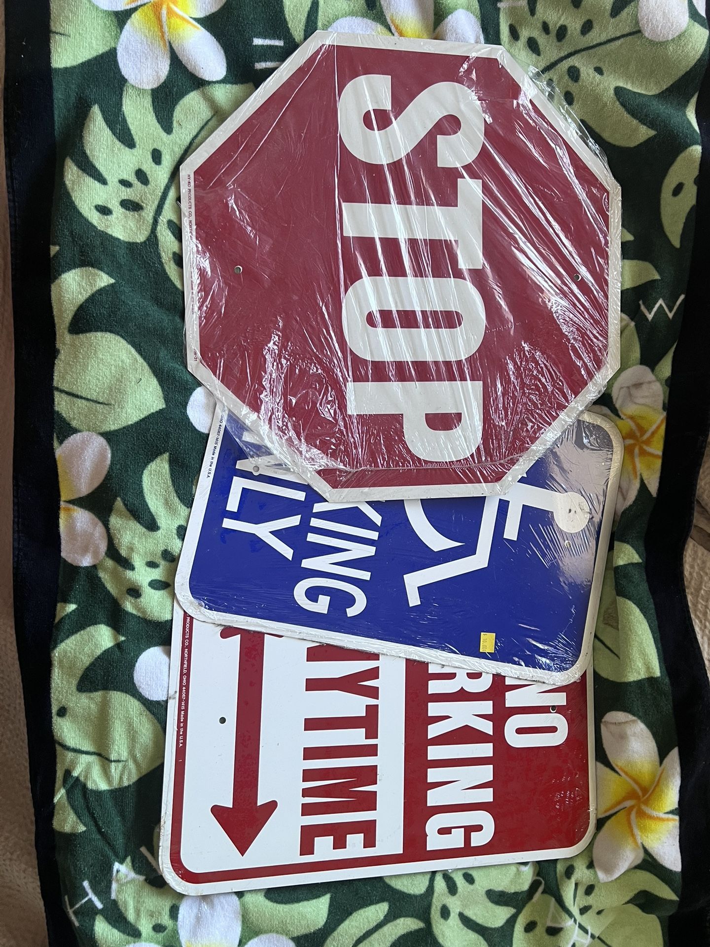 Stop sign, Handicap sign, and No parking sign