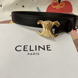 Celibe Classic Black Leather Belt With Signature Gold Double C Metal Buckle