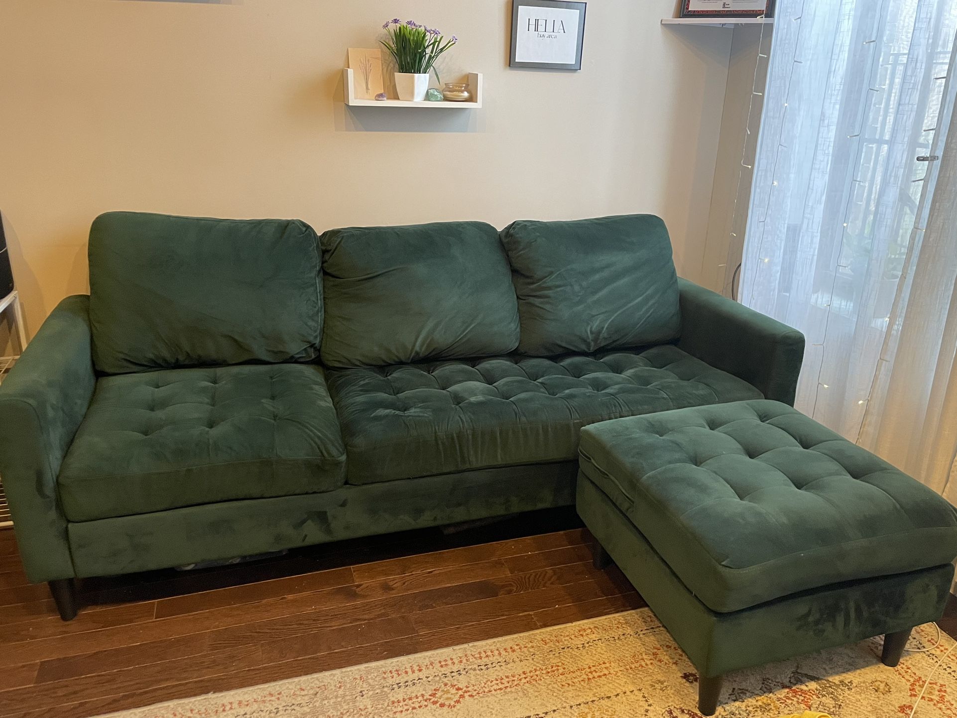 CosmoLiving Strummer Modern Reversible Sectional Couch Upholstered in Green Velvet Fabric with Floating Ottoman