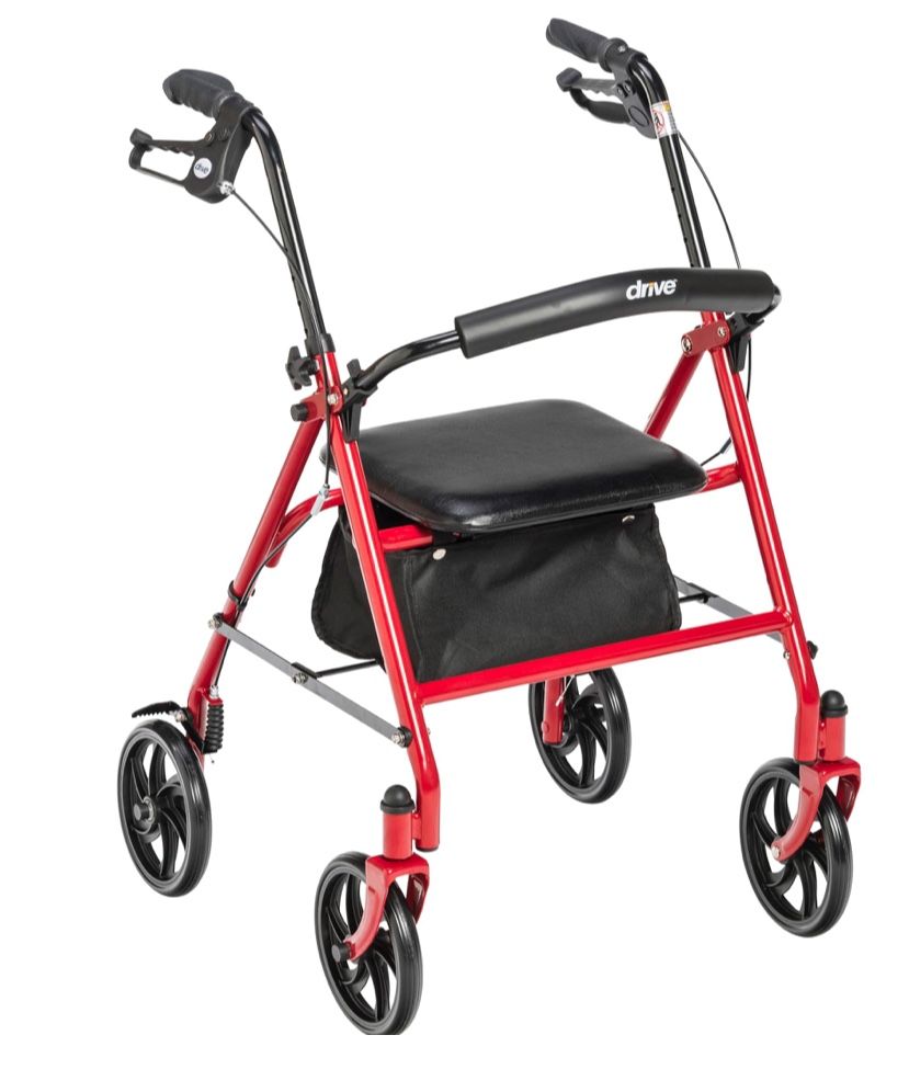 Drive Medical 10257RD-1 4 Wheel Rollator Walker With Seat, Steel Rolling Walker, Height Adjustable, 7.5" Wheels, Removable Back Support, 300 Pound Wei