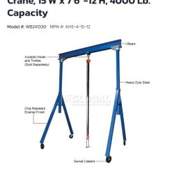 Engine Hoist. Adjustable High Steel Gantry Crane 4000 Lbs.