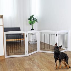 ZJSF Freestanding Foldable Dog Gate for House Extra Wide Wooden White Indoor Puppy Gate Stairs Dog Gates Doorways Tall Pet Gate 4 Panels Fence