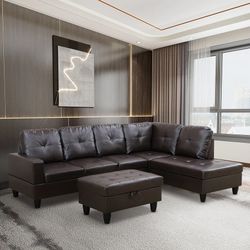 Brown Leather Sectional Sofa Set And Ottoman