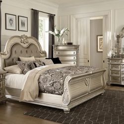 Cavalier Silver Upholstered Sleigh Bedroom Set