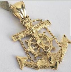 14k gold jesus crucifix Anchor pendant charm necklace mariner 1.60 inch