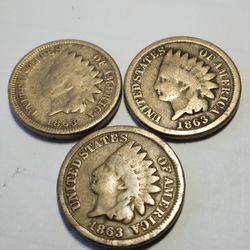 3 1863 Indian Head Cents AG To VG