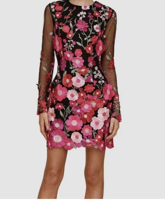 Avec Les Filles Women's Black Floral-Embroidered Long-Sleeve Sheath Dress Size 4