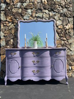 Dresser/Buffet with Mirror custom painted in lavender and sealed. Solid wood piece