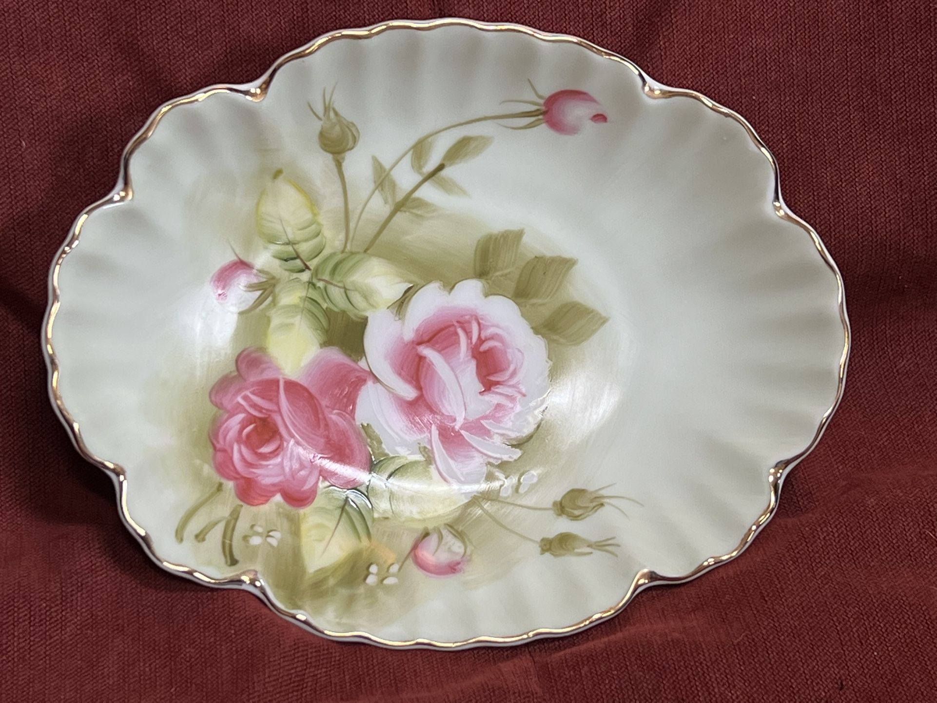 Lefton China vintage green heritage rose hand painted candy nut dish #01860
