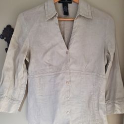 Mercer & Madison Beige Natural Linen Button Down Blouse Shirt - Womens Size M