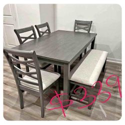 Solid Wood 6pc Dining Table Set With Chairs And Bench 60x36x30 "