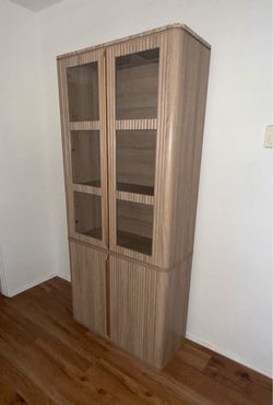 NEW Fluted Pantry/Display Cabinet 77" – Glass Doors, Marble-Look Top (2 Available)
