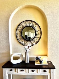 32 inch round brown wrought metal wall mirror great for entryway, powder bathroom or above dresser