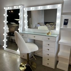 White Vanity Set – LED Mirror, Glass Top, 13 Drawers, Pre-Built Makeup Table with USB + Dimmer