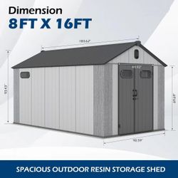 8x16Ft Resin Outdoor Storage Shed, Plastic Garden Shed with Carpet, Outside Weatherproof Storage Building for Tools, Bike, Lawn Mower, Patio, Backyard
