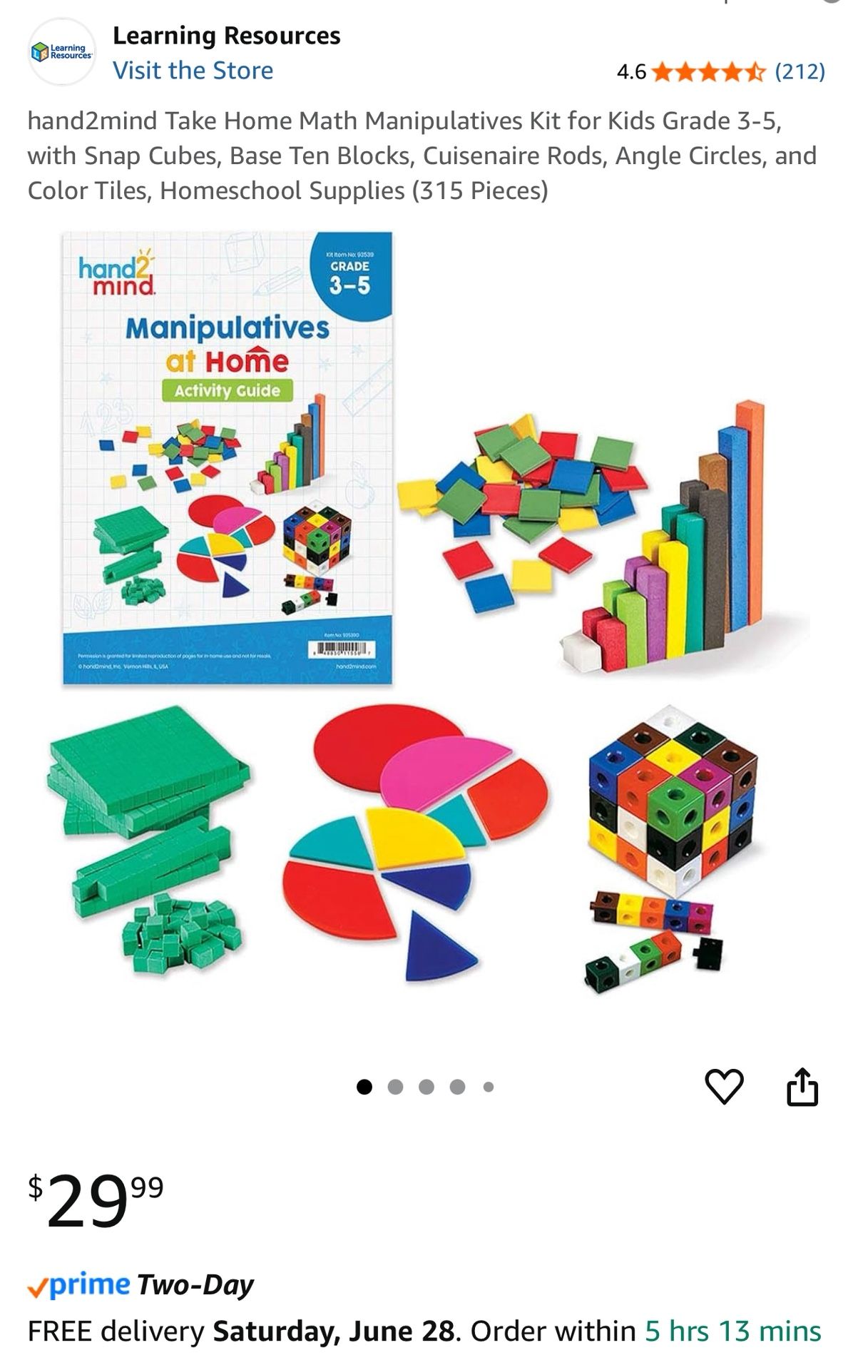hand2mind Take Home Math Manipulatives Kit for Kids Grade 3-5, with Snap Cubes, Base Ten Blocks, Cuisenaire Rods, Angle Circles, and Color Tiles, Home