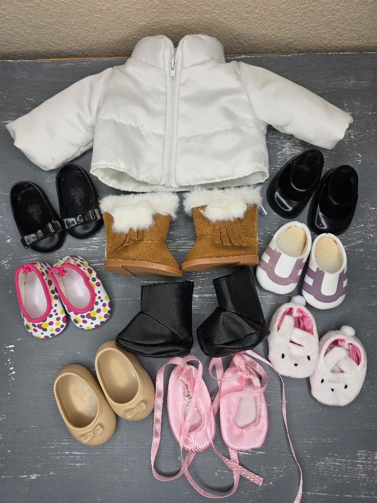 American Girl Doll & Our Generation White Jacket & 9 Pairs of Shoes