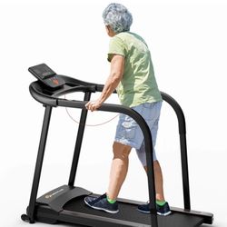 The treadmill Goplus 2.5 HP Walking Treadmill (also sold under the Costway brand name) designed with long handrails for seniors and
