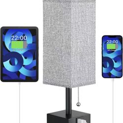 Bedside Lamp for Bedroom with USB Ports - Grey Table Lamp with USB C + A Charging Ports for Nightstand, Small Desk Light for Boys, Bulb Not Included