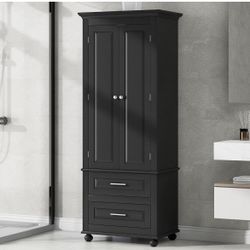 Newly assembled Tall Wood Storage Cabinet with Two Storage Drawers, Modern Freestanding Storage Cabi