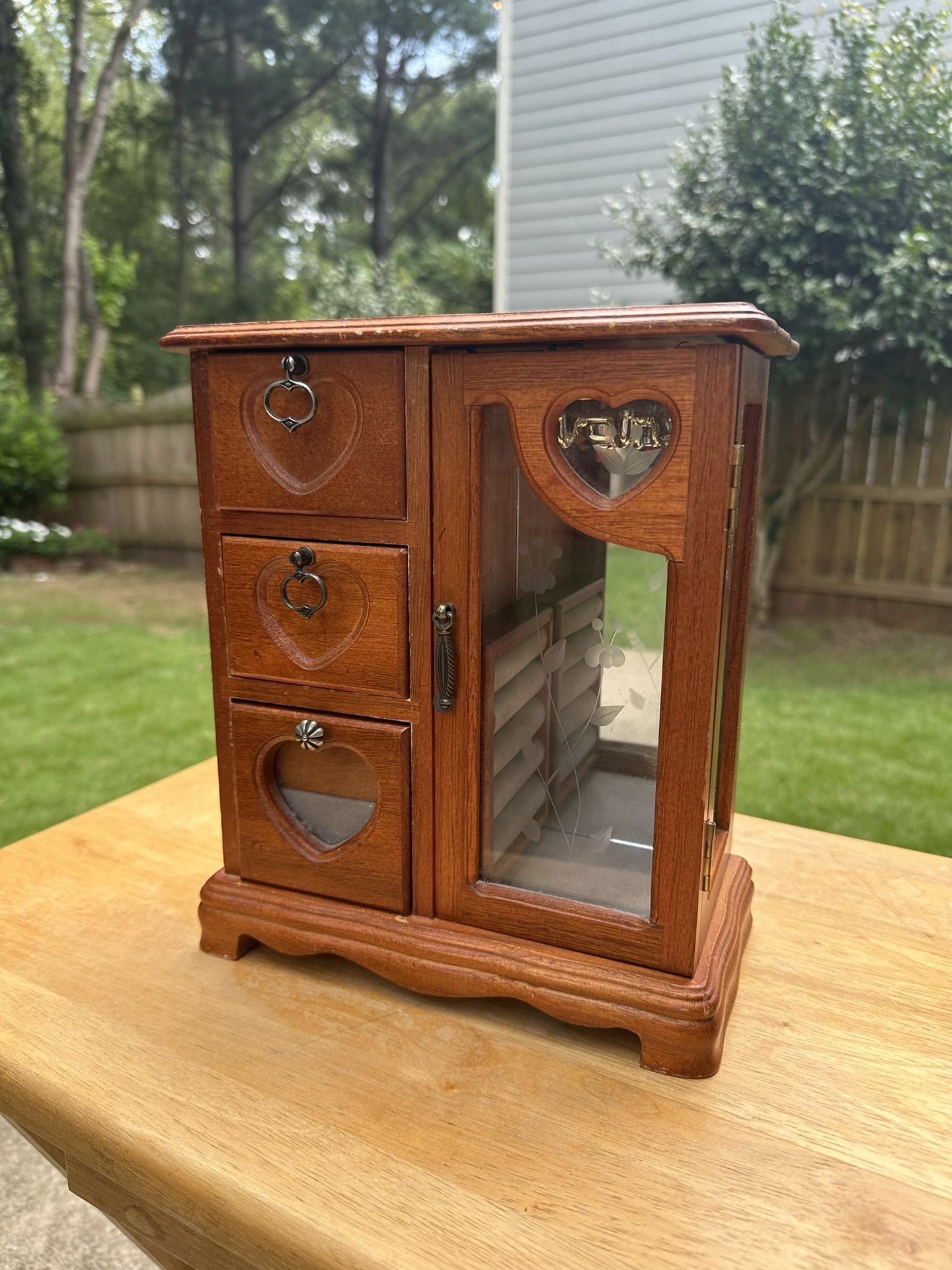 Vintage Wooden Jewelry Box Miniature Armoire & Floral Etched Design Glass Door