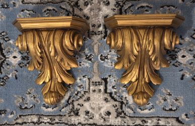 Vintage Mid-Century Neoclassical Plaster Wall Shelves With Burnish Gold Gilt Finish
