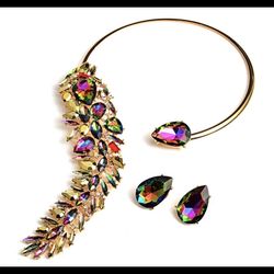 Half Rhinestone Necklace And Earring Set