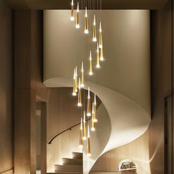 Brand New In The Box- Golden Meteor Shower Chandeliers for Staircase High Ceiling Spiral Restaurant Hotel Loft Modern LED Hanging Lamp (Gold, 15 Light
