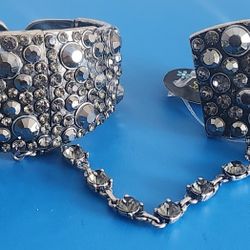 Silver/Greyish Rhinestone Cuff Bracelet with attached Ring