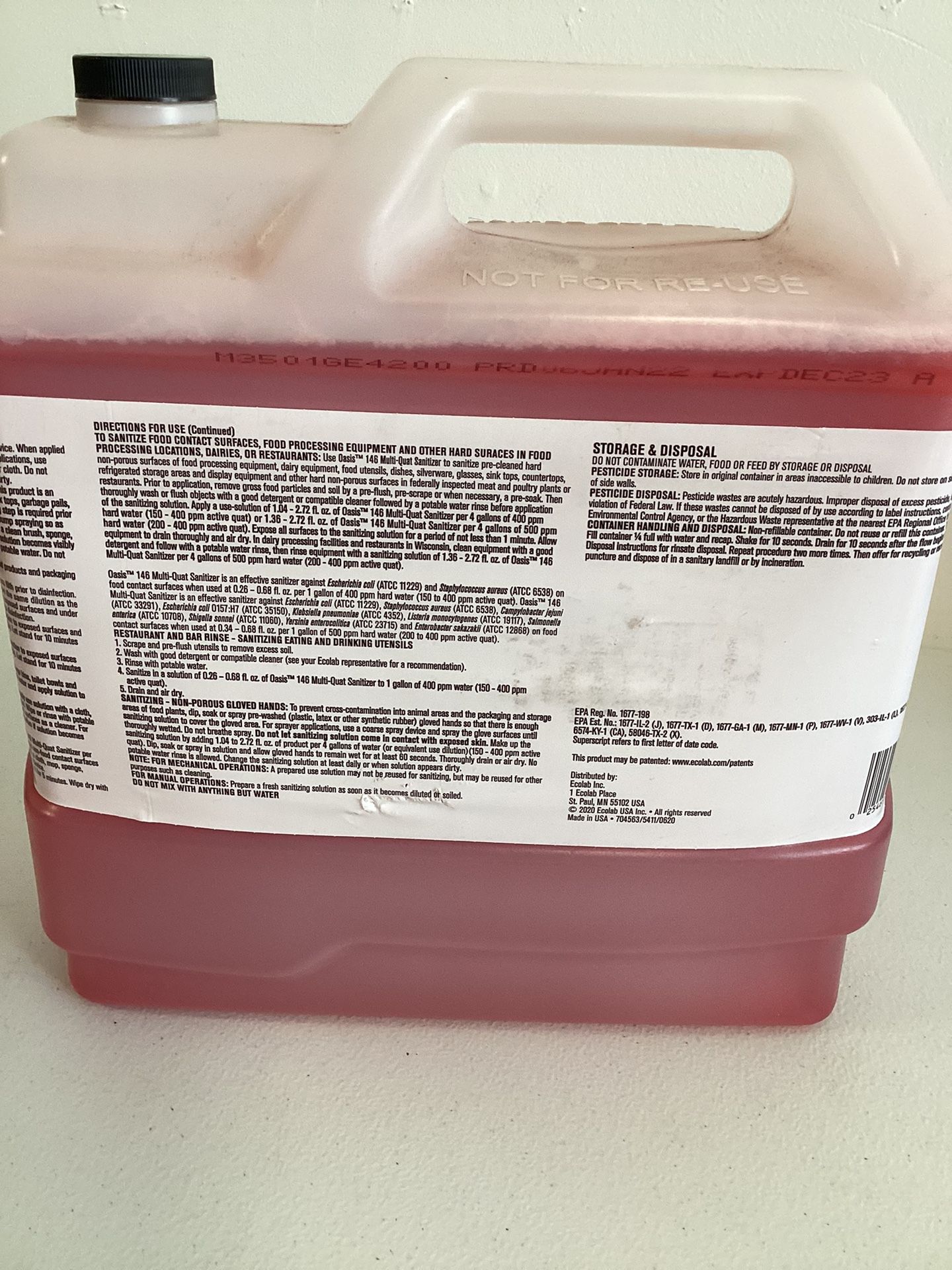 EcoLab Oasis 146 MultiQuat Sanitizer For Industrial Use Schools