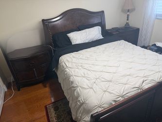 Queen Sleigh Bed Frame + 2 Matching Nightstands – Dark Cherry Burl Wood Set