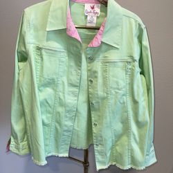 Quacker Factory Womens Denim Jacket Size M Lime Green Pink Rhinestone Buttons