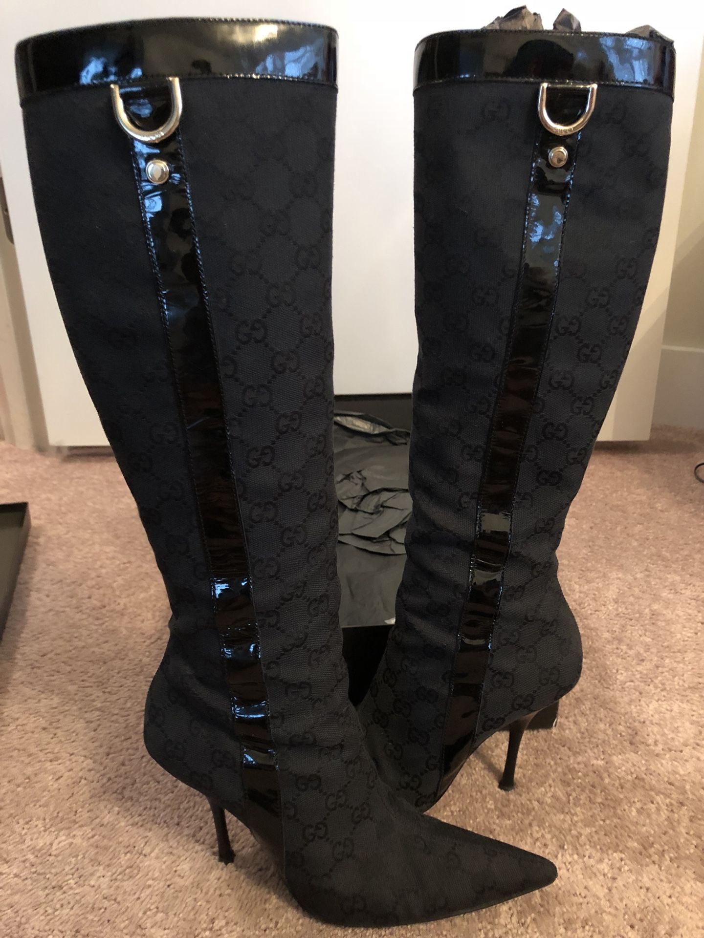 GUCCI Black Fabric Original GG Knee Boots - 7.5 US