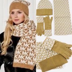 Michael Kors MK NWT  Logo Knit 3-Piece Gift Box Set Scarf, Hat & Gloves, Camel