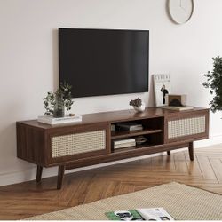 Rattan TV Stand for 55 65 75" TVs, Wood TV Stand Mid Century Modern TV Stand with 2 Cabinets & Movable Doors, Long Boho Entertainment Center Media Con