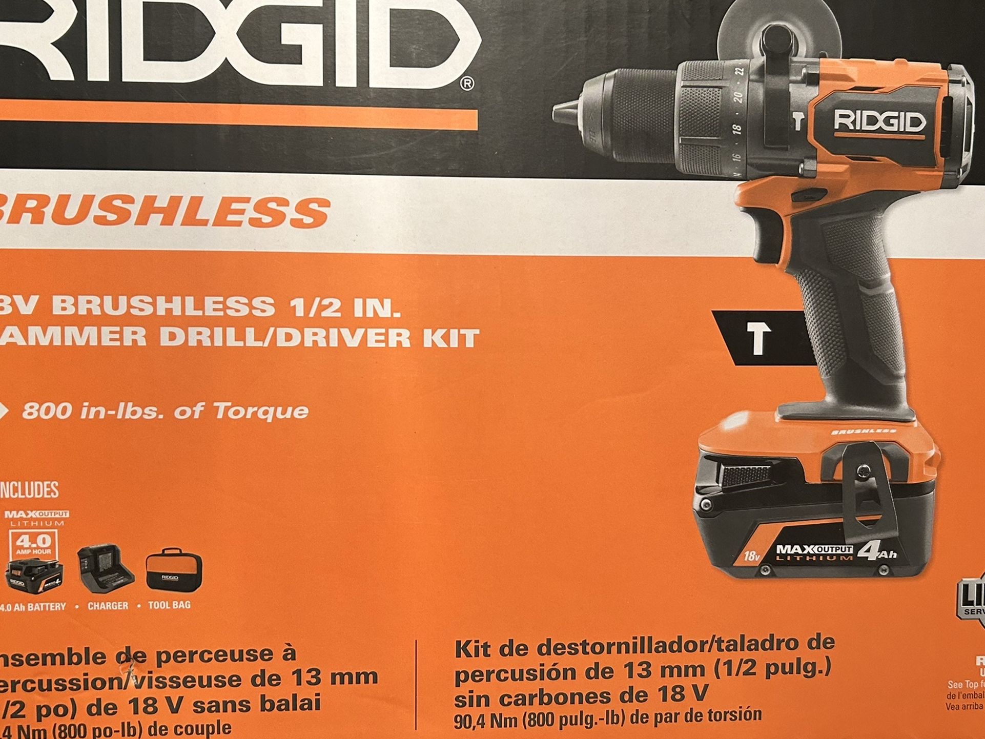 Ridgid 18V Brushless Cordless 1/2 in. Hammer Drill/Driver Kit with 4.0 Ah , 18V Charger, and Tool Bag