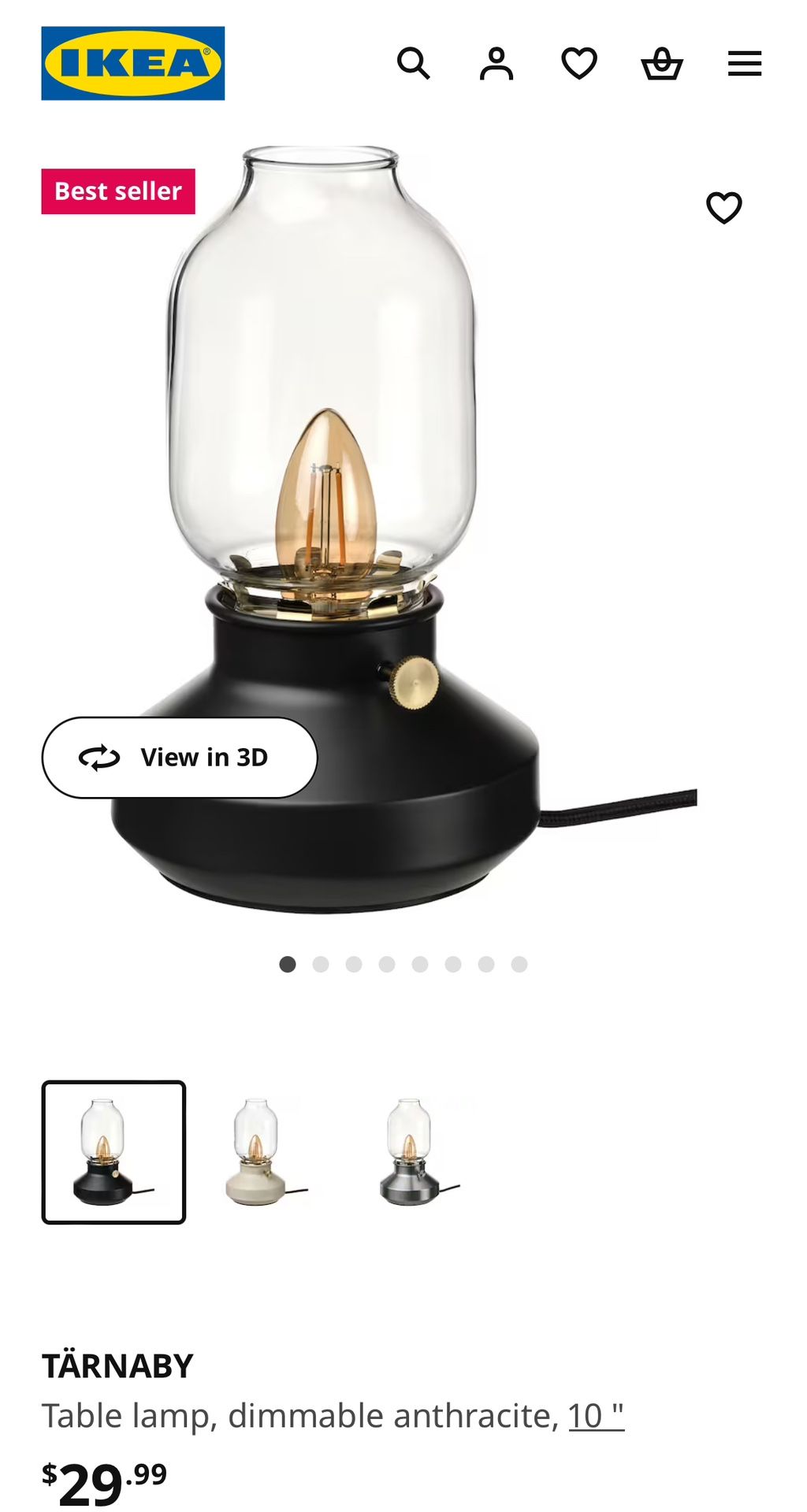 IKEA TÄRNABY Table lamp, dimmable anthracite, 10 "