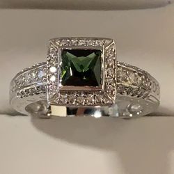 1ct very good color green Turmaline on Sterling silver love heart ring , size 7 and size 8