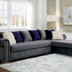 Brand New Plush Grey Velvet Sectional Sofa (Pillows Included)