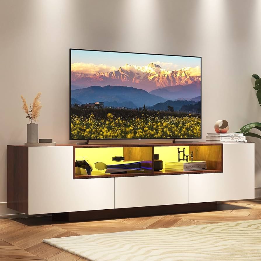 LED TV Stand for TVs up to 80", Modern Entertainment Center Gaming Media Console with Storage Cabinets & Open Shelves(White+Walnut)