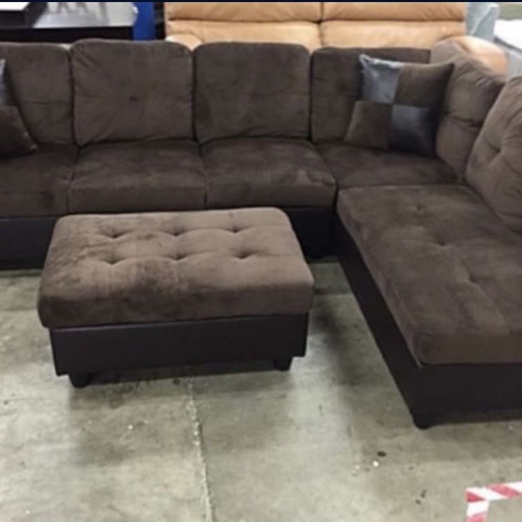 Brown Microfiber Sectional Couch And Ottoman