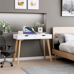 2 Drawers White Desk, Writing Desk with Oak Legs for Home Study Office, 19.7''D x 39.4''W