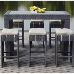 SAFAVIEH Outdoor Collection Sanders Titanium & Sand Outdoor Bar Set (Black)  This outdoor bar set features a table measuring 59.1" x 28.7" 