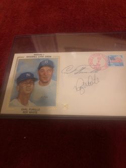 Carl Furillo and Roy White signed envelope. Has what appears to be a silk likeness of both players. Obtained in Oct 1988 at a Baseball card show I at