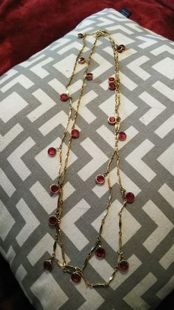 Long Gold & Red Crystal Necklace