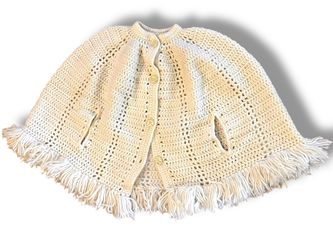 Vintage Crochet Cape White Poncho 4 Button Front Arm Holes Fringe Boho Hippie