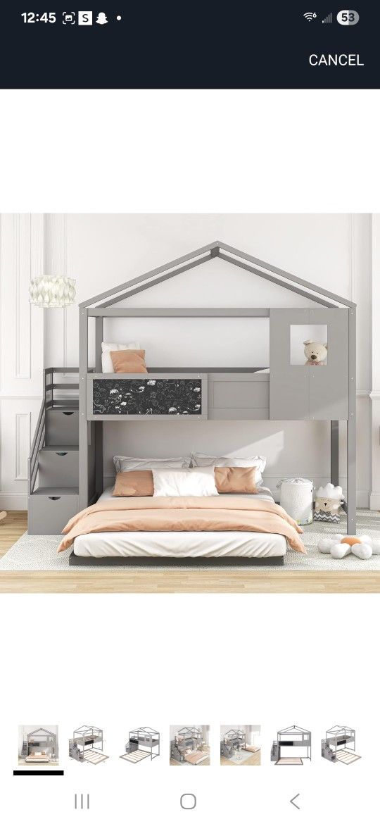 Twin over Full House Bunk Bed with Storage Staircase and Blackboard