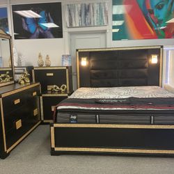 We deliver.Huge furniture sale now 5pc black and gold bedroom set 30% OFF. BRAND NEW