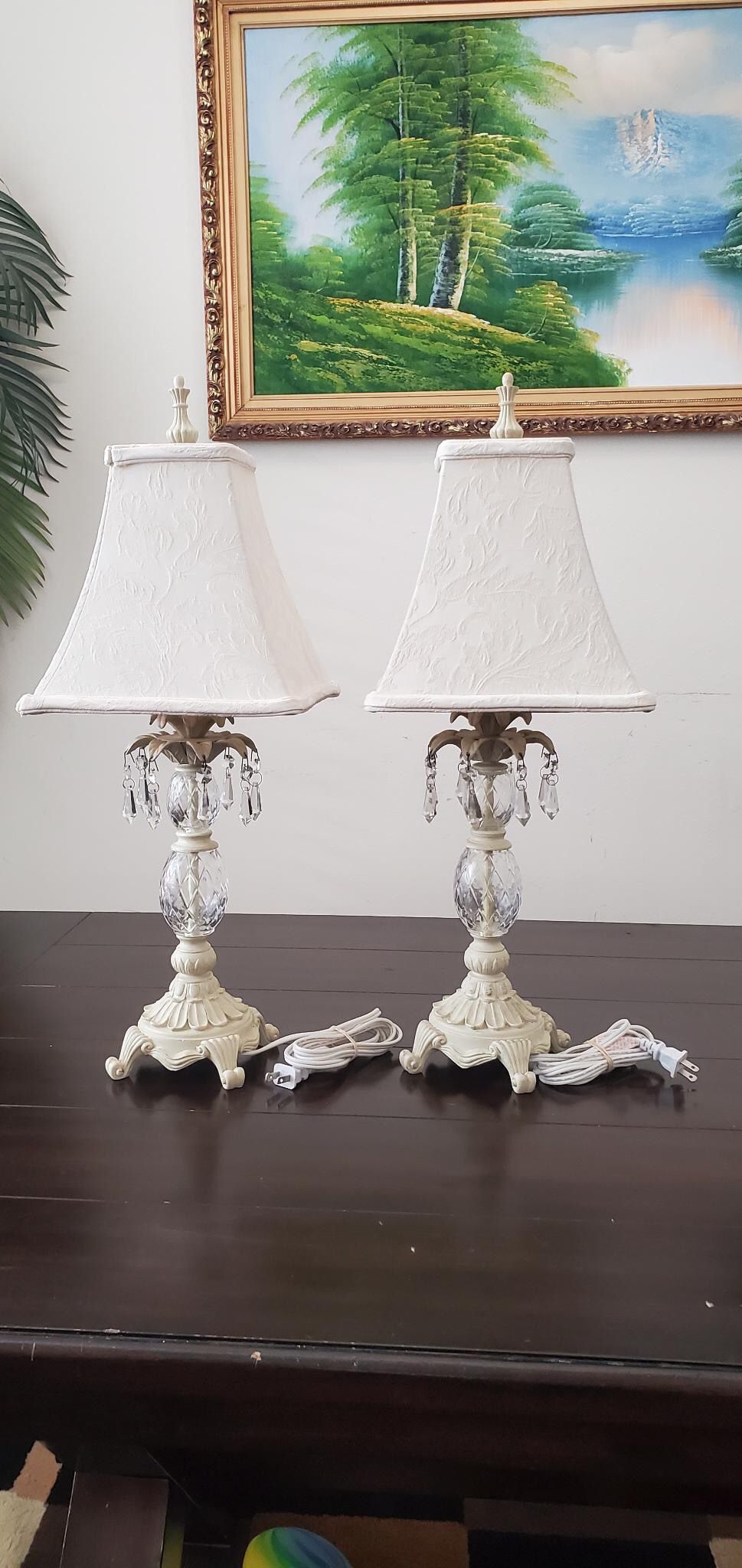 2 White antique table lamps with hanging crystals